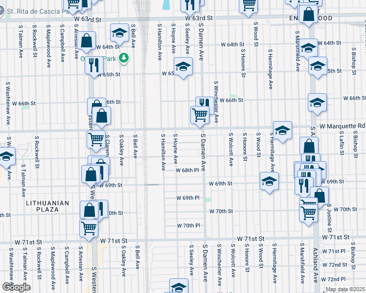 map of restaurants, bars, coffee shops, grocery stores, and more near 2032 West 68th Street in Chicago