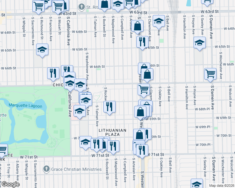map of restaurants, bars, coffee shops, grocery stores, and more near 6747 South Maplewood Avenue in Chicago