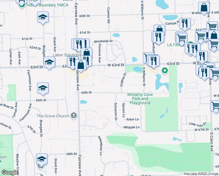 map of restaurants, bars, coffee shops, grocery stores, and more near 608 65th Street in Westmont