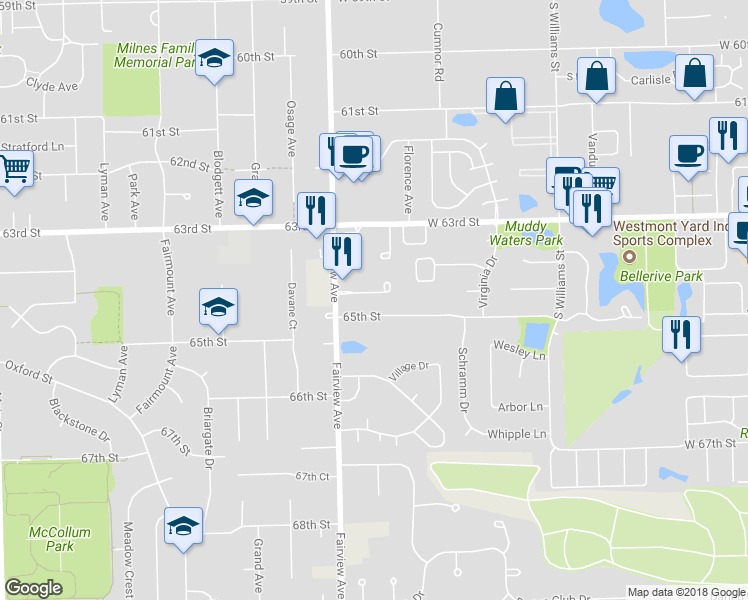 map of restaurants, bars, coffee shops, grocery stores, and more near 700 65th Street in Westmont