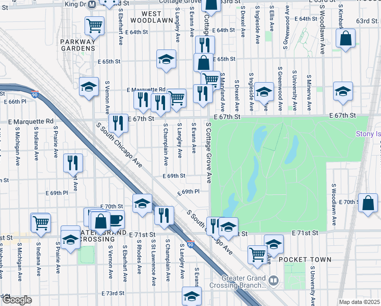 map of restaurants, bars, coffee shops, grocery stores, and more near 6830 South Evans Avenue in Chicago