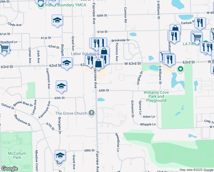 map of restaurants, bars, coffee shops, grocery stores, and more near 720 65th Street in Westmont