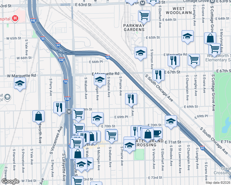 map of restaurants, bars, coffee shops, grocery stores, and more near 219 East 68th Street in Chicago