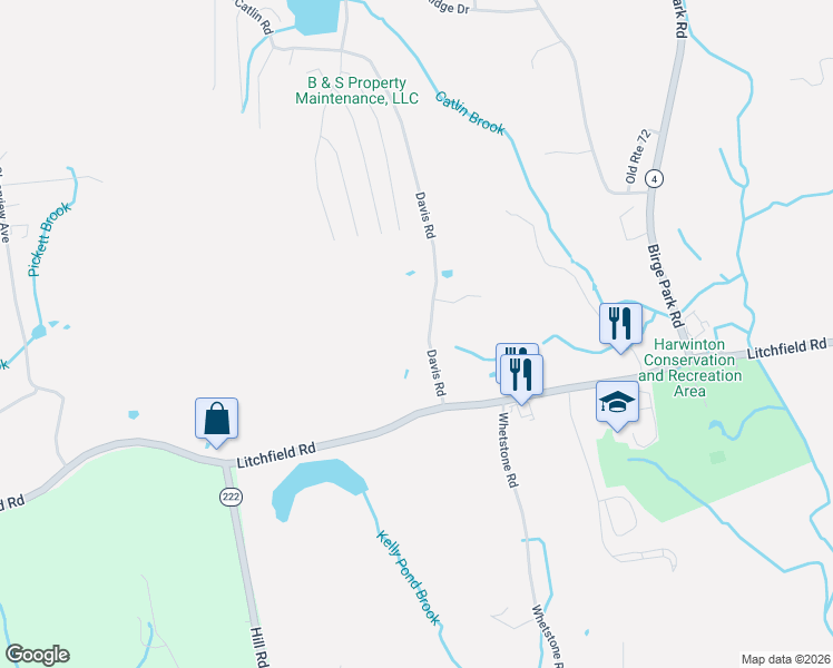 map of restaurants, bars, coffee shops, grocery stores, and more near 1-61 Davis Road in Harwinton