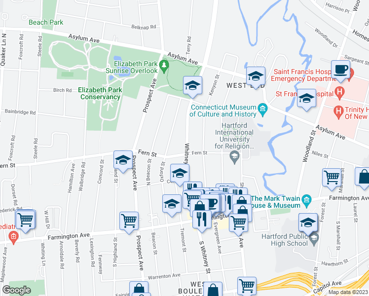 map of restaurants, bars, coffee shops, grocery stores, and more near 135 Whitney Street in Hartford