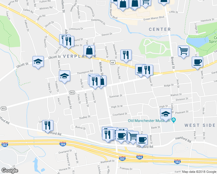 map of restaurants, bars, coffee shops, grocery stores, and more near 166 West Center Street in Manchester
