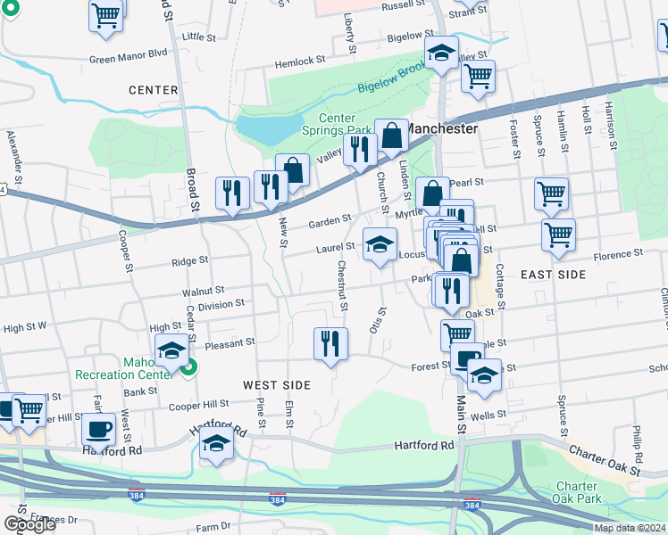 map of restaurants, bars, coffee shops, grocery stores, and more near 105 Chestnut Street in Manchester