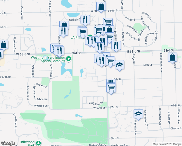 map of restaurants, bars, coffee shops, grocery stores, and more near 63 West 64th Street in Westmont