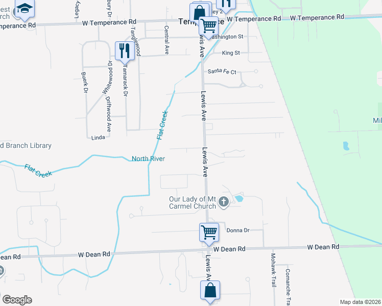 map of restaurants, bars, coffee shops, grocery stores, and more near 1079 Donald Drive in Temperance