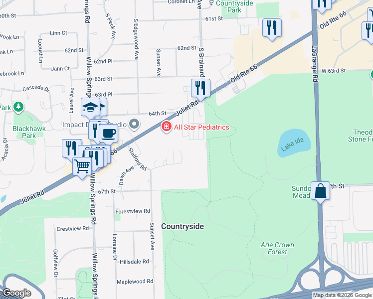 map of restaurants, bars, coffee shops, grocery stores, and more near 6630 South Brainard Avenue in Countryside