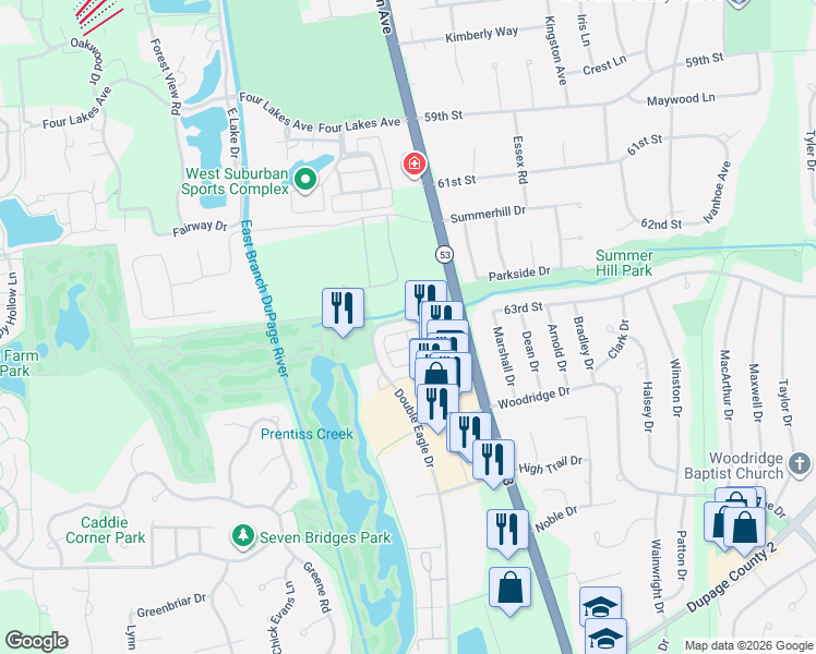 map of restaurants, bars, coffee shops, grocery stores, and more near 6316 Main Street in Woodridge