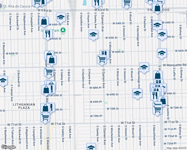 map of restaurants, bars, coffee shops, grocery stores, and more near 2045 West 67th Place in Chicago