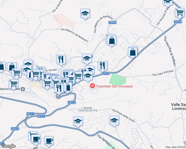 map of restaurants, bars, coffee shops, grocery stores, and more near 144 Corso Vittoria Colonna in Marino
