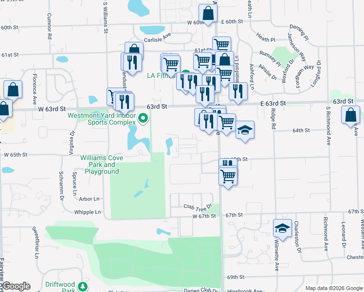 map of restaurants, bars, coffee shops, grocery stores, and more near 73 West Pier Drive in Westmont