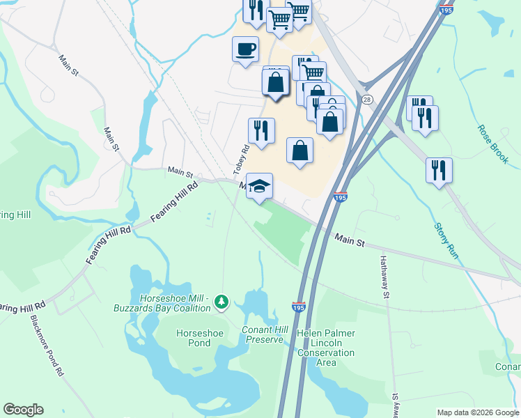map of restaurants, bars, coffee shops, grocery stores, and more near 760 Main Street in Wareham