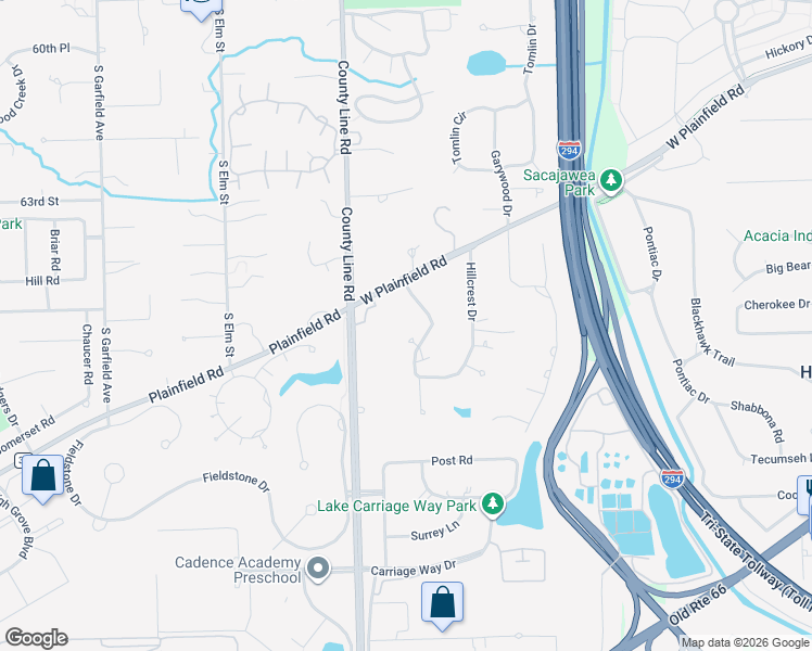 map of restaurants, bars, coffee shops, grocery stores, and more near 6601 Shady Lane in Burr Ridge