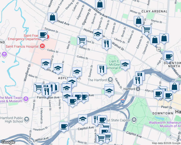 map of restaurants, bars, coffee shops, grocery stores, and more near 57 Sumner Street in Hartford