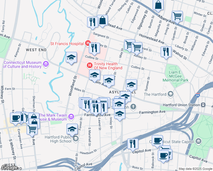 map of restaurants, bars, coffee shops, grocery stores, and more near 927 Asylum Avenue in Hartford