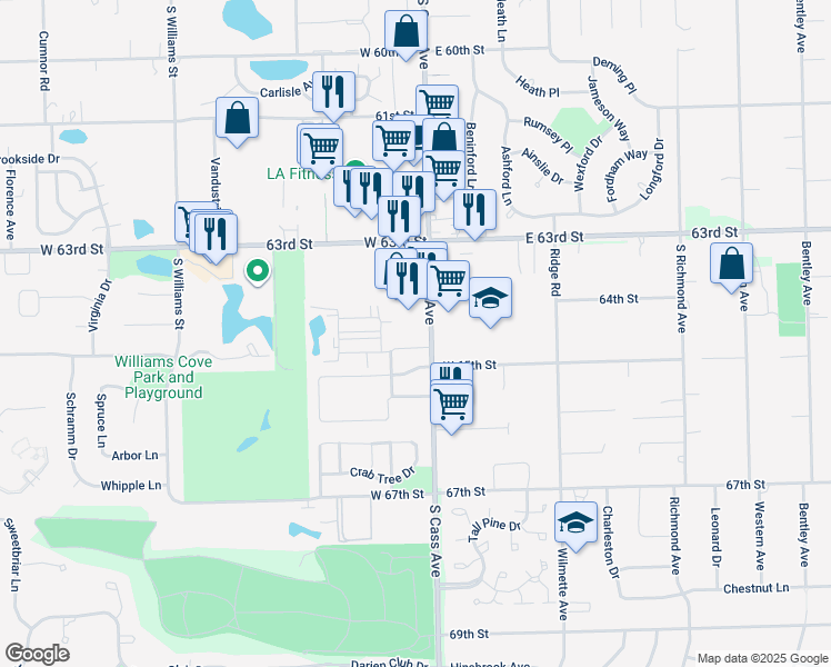 map of restaurants, bars, coffee shops, grocery stores, and more near 10-26 Pier Drive in Westmont