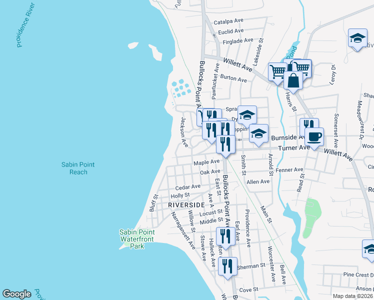 map of restaurants, bars, coffee shops, grocery stores, and more near 5 Coxe Street in East Providence