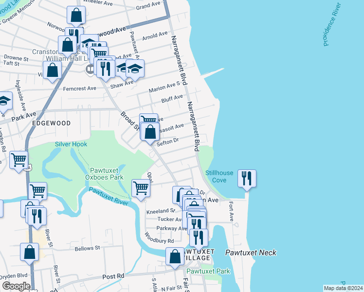 map of restaurants, bars, coffee shops, grocery stores, and more near 37 Chiswick Road in Cranston