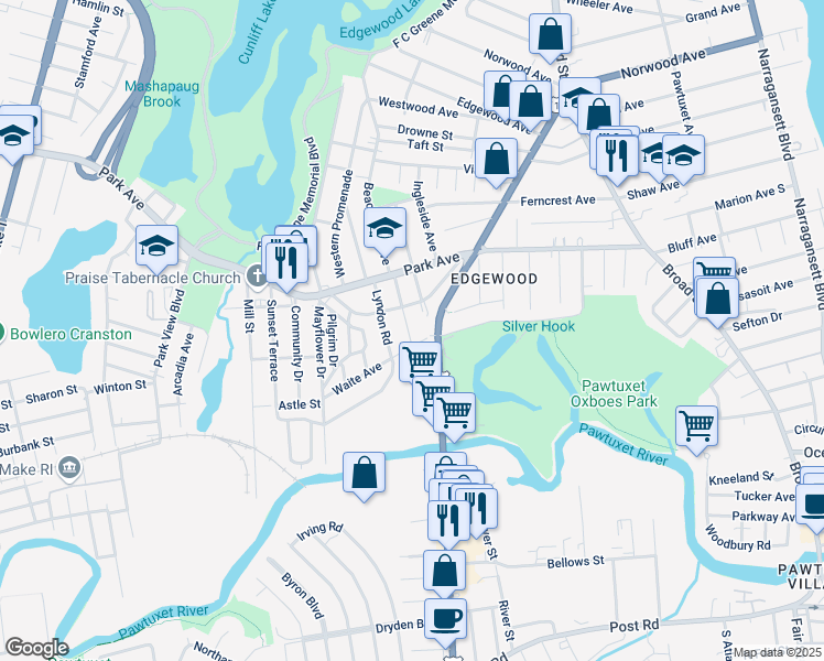 map of restaurants, bars, coffee shops, grocery stores, and more near in Cranston
