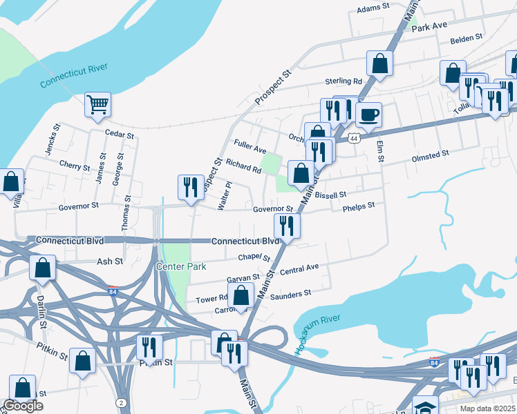 map of restaurants, bars, coffee shops, grocery stores, and more near 51 Governor Street in East Hartford