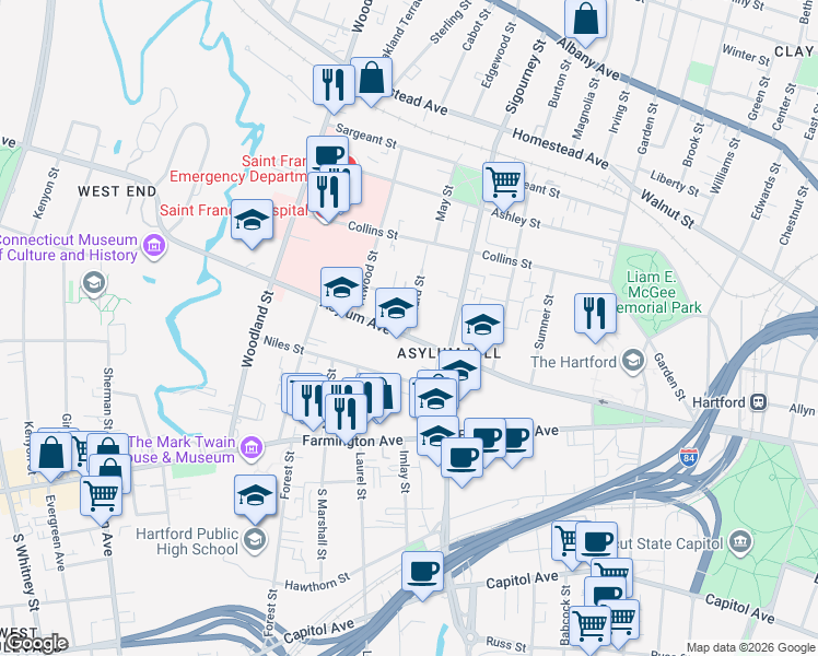 map of restaurants, bars, coffee shops, grocery stores, and more near 44 Niles Street in Hartford