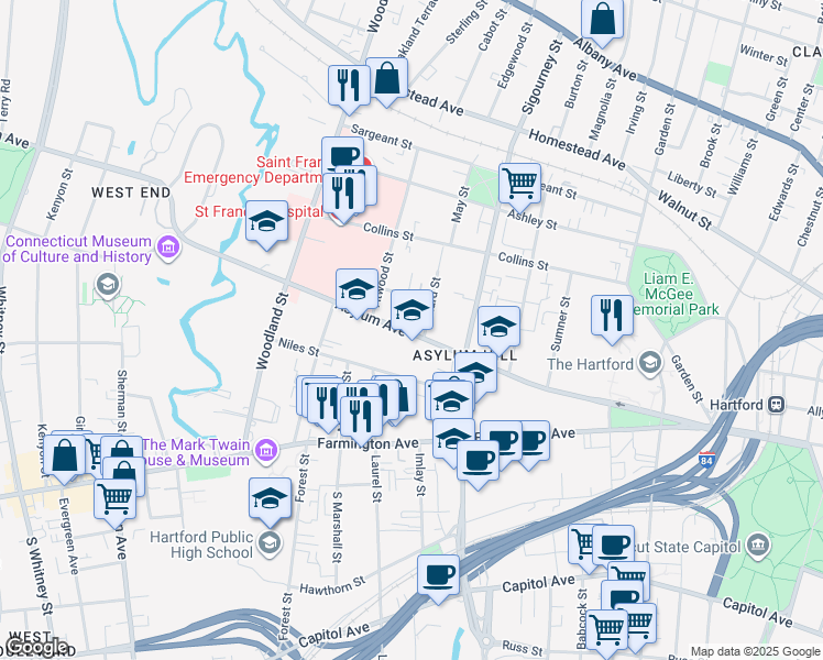 map of restaurants, bars, coffee shops, grocery stores, and more near 44 Niles Street in Hartford