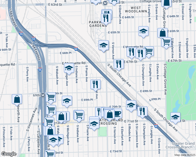 map of restaurants, bars, coffee shops, grocery stores, and more near 6817 South Calumet Avenue in Chicago