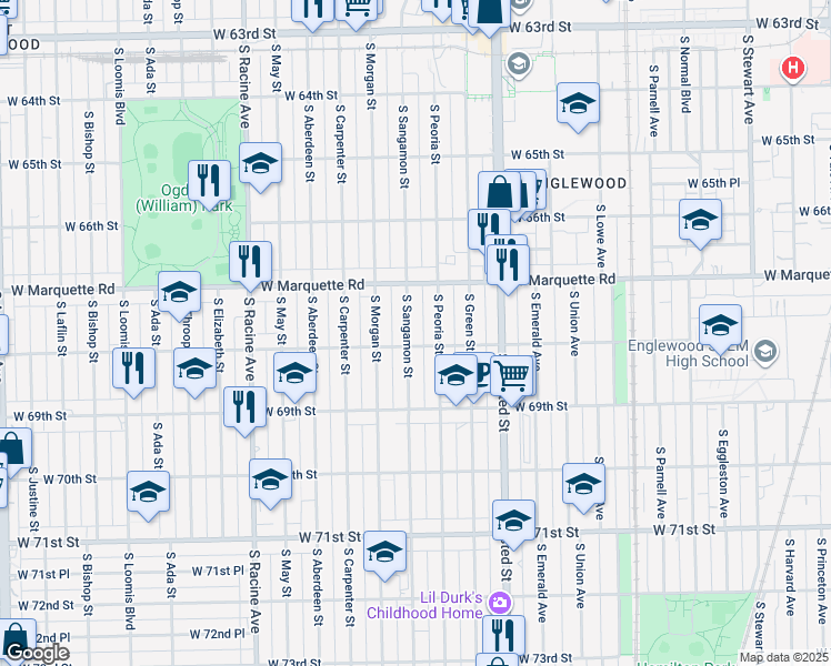 map of restaurants, bars, coffee shops, grocery stores, and more near 917 West 68th Street in Chicago
