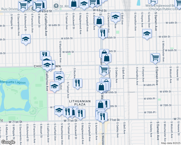 map of restaurants, bars, coffee shops, grocery stores, and more near 6747 South Campbell Avenue in Chicago