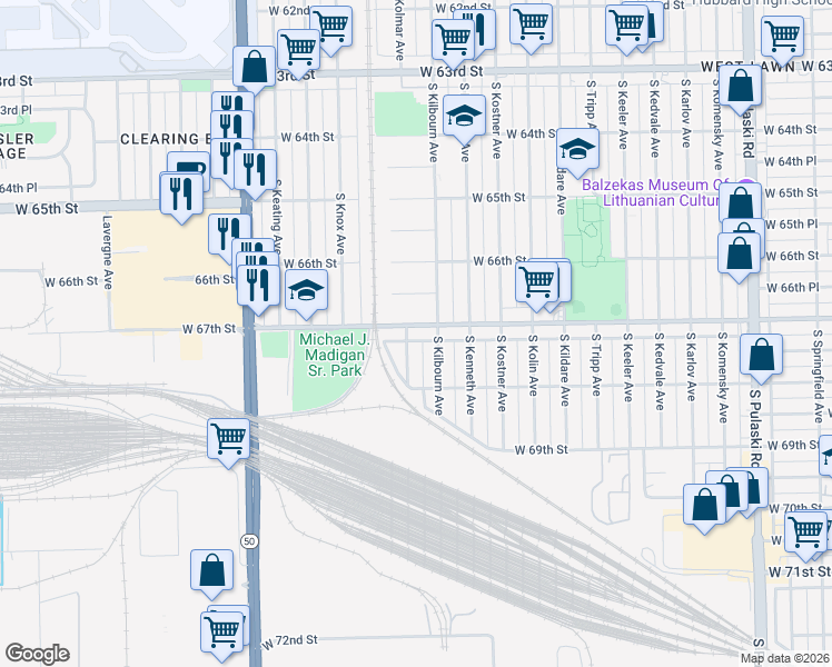 map of restaurants, bars, coffee shops, grocery stores, and more near 6720 South Kilbourn Avenue in Chicago