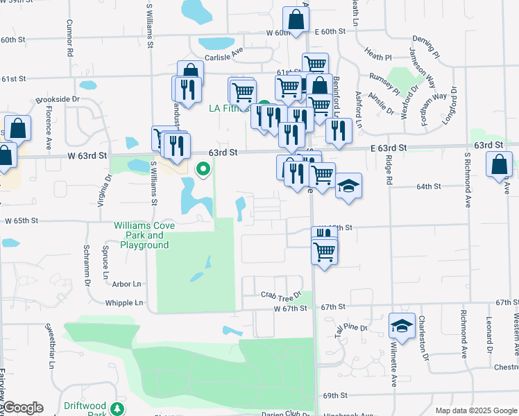 map of restaurants, bars, coffee shops, grocery stores, and more near 73 West Pier Drive in Westmont