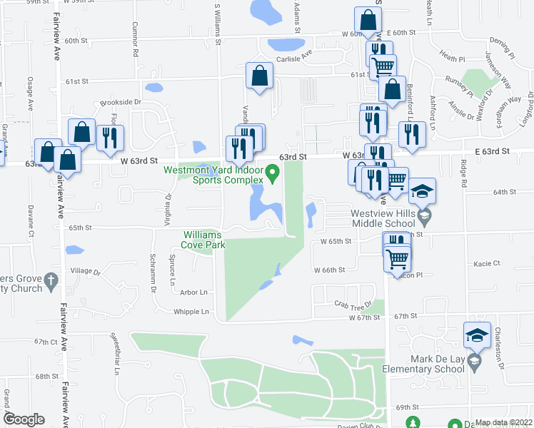 map of restaurants, bars, coffee shops, grocery stores, and more near 204 Memory Lane in Westmont