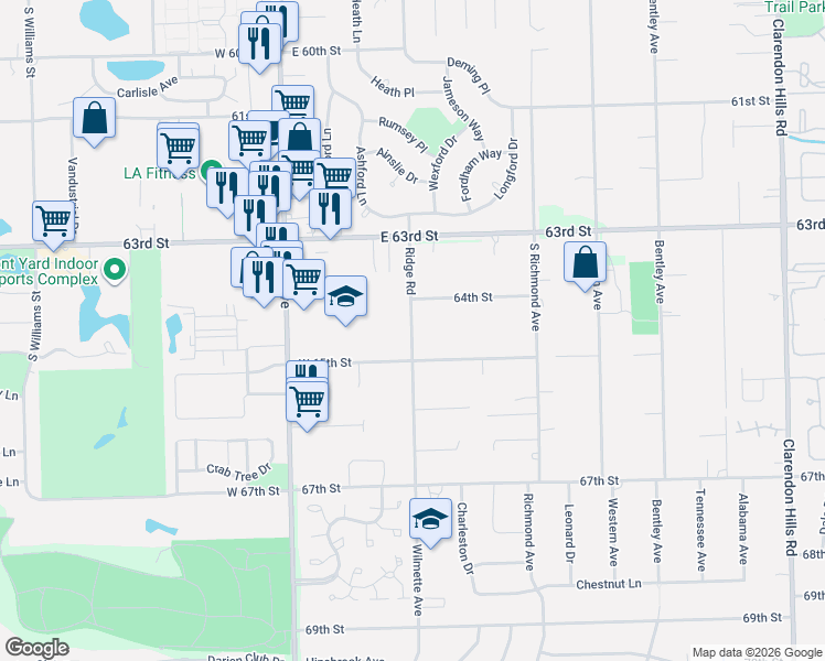 map of restaurants, bars, coffee shops, grocery stores, and more near 548 West 65th Street in Willowbrook