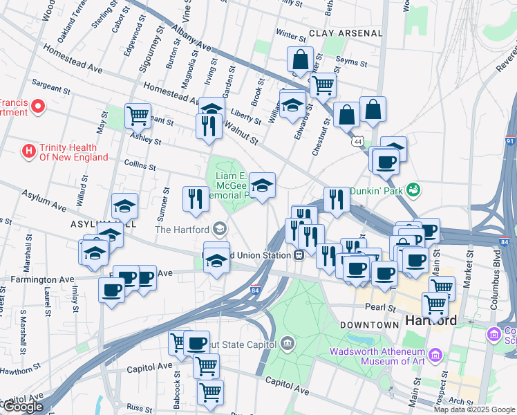 map of restaurants, bars, coffee shops, grocery stores, and more near 105 Spring Street in Hartford