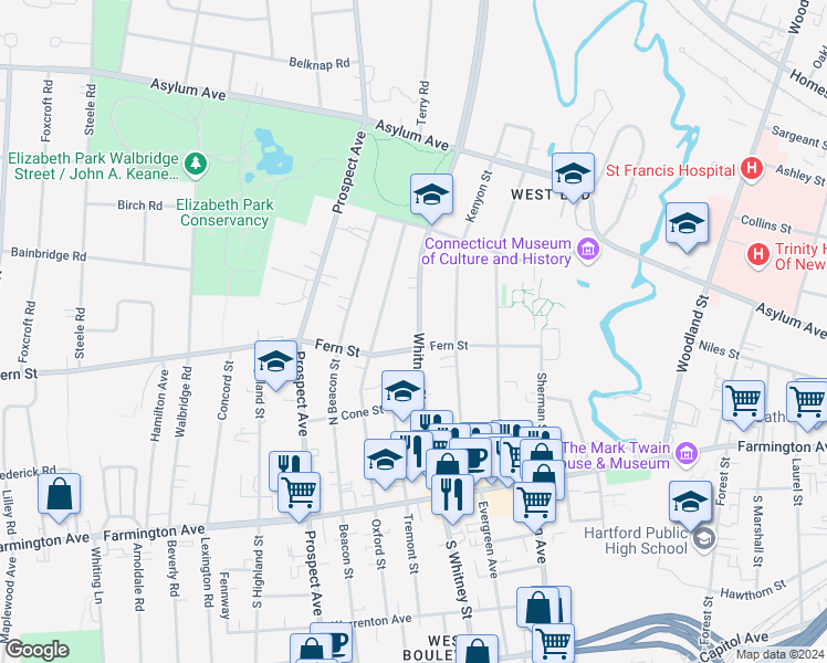 map of restaurants, bars, coffee shops, grocery stores, and more near 137 Whitney Street in Hartford