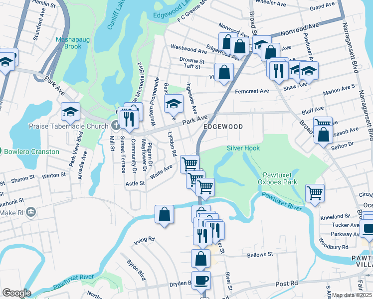 map of restaurants, bars, coffee shops, grocery stores, and more near in Cranston