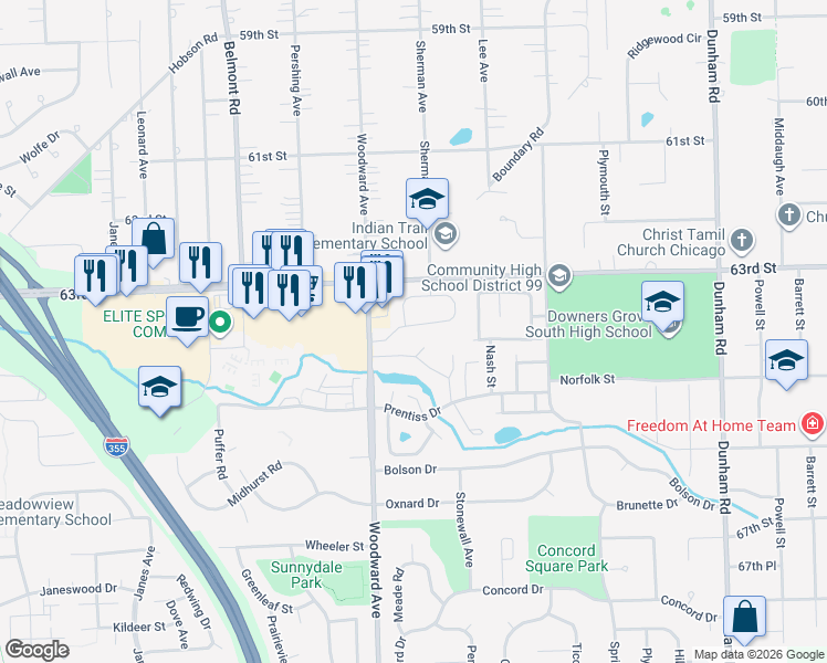 map of restaurants, bars, coffee shops, grocery stores, and more near 1917 Hastings Avenue in Downers Grove