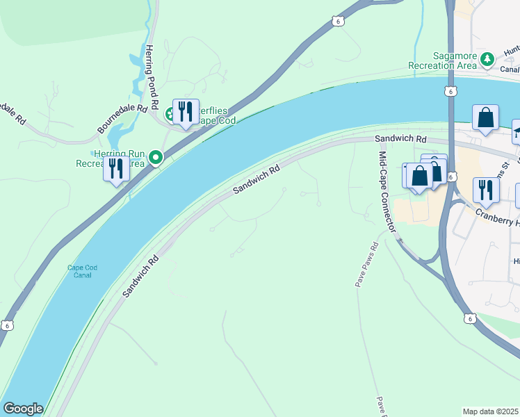 map of restaurants, bars, coffee shops, grocery stores, and more near 17 Long Boat Road in Bourne