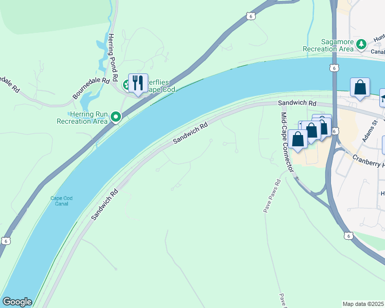 map of restaurants, bars, coffee shops, grocery stores, and more near 17 Long Boat Road in Bourne