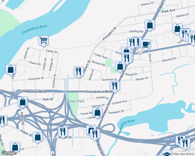 map of restaurants, bars, coffee shops, grocery stores, and more near 73 Governor Street in East Hartford
