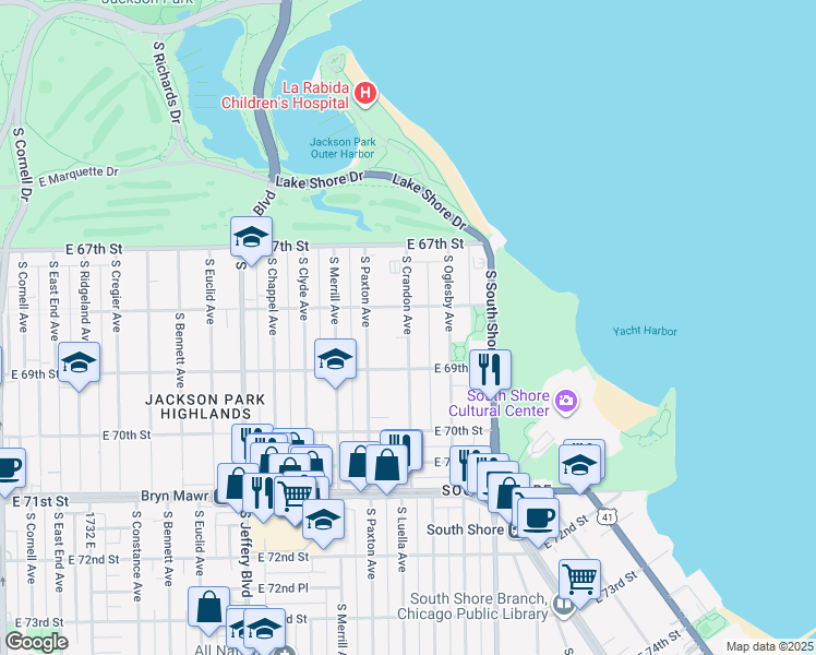 map of restaurants, bars, coffee shops, grocery stores, and more near 6840 South Crandon Avenue in Chicago