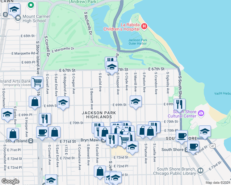 map of restaurants, bars, coffee shops, grocery stores, and more near 6839 South Jeffery Boulevard in Chicago
