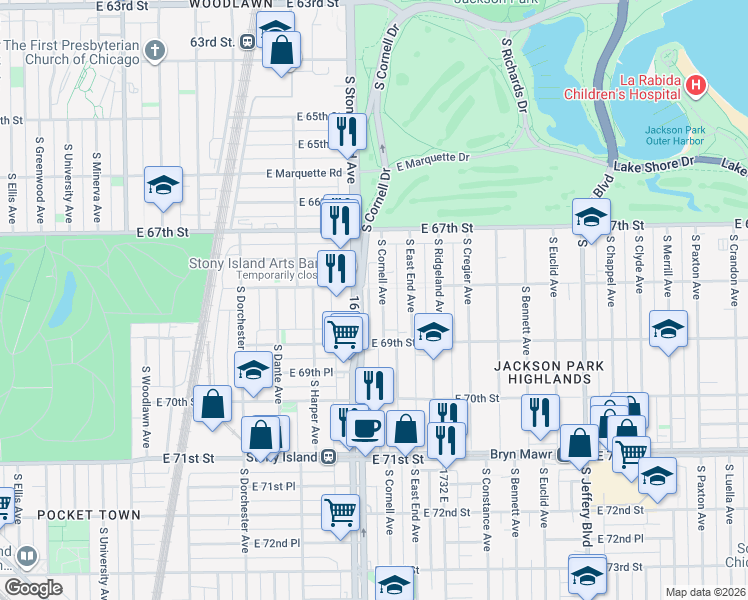 map of restaurants, bars, coffee shops, grocery stores, and more near 6832 South Cornell Avenue in Chicago