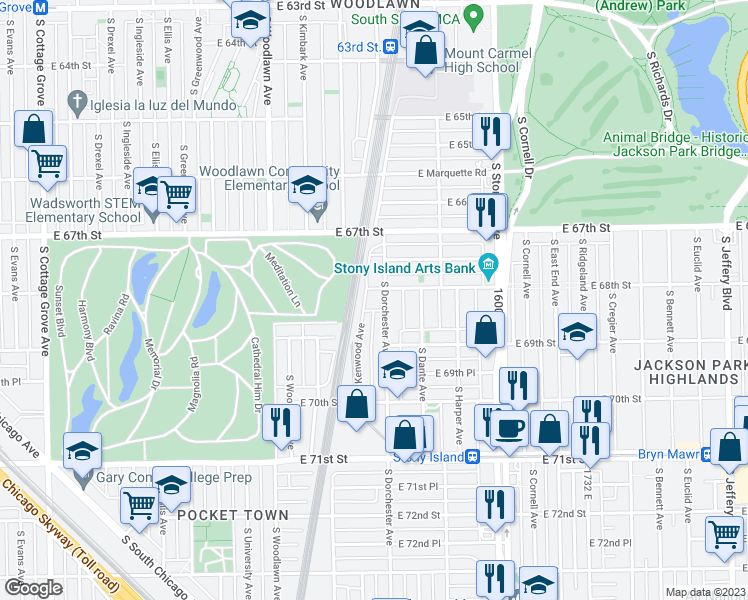 map of restaurants, bars, coffee shops, grocery stores, and more near 6831 South Dorchester Avenue in Chicago