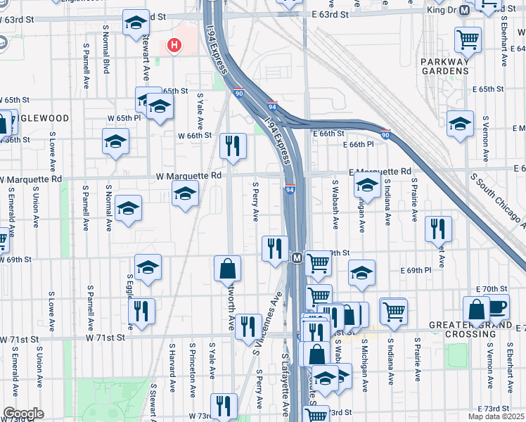 map of restaurants, bars, coffee shops, grocery stores, and more near 6806 South Perry Avenue in Chicago