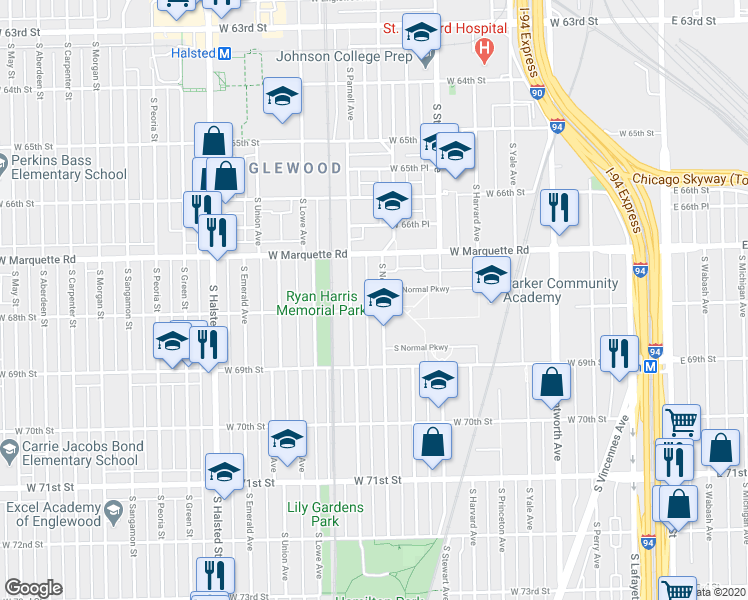 map of restaurants, bars, coffee shops, grocery stores, and more near 6800 South Normal Avenue in Chicago