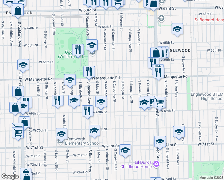 map of restaurants, bars, coffee shops, grocery stores, and more near 6802 South Carpenter Street in Chicago